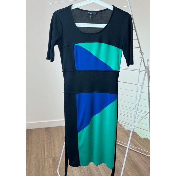 BCBGMaxAzria Petite Dress Colorblock Short Sleeve Stretch Black Green Blue XSP - Picture 2 of 6